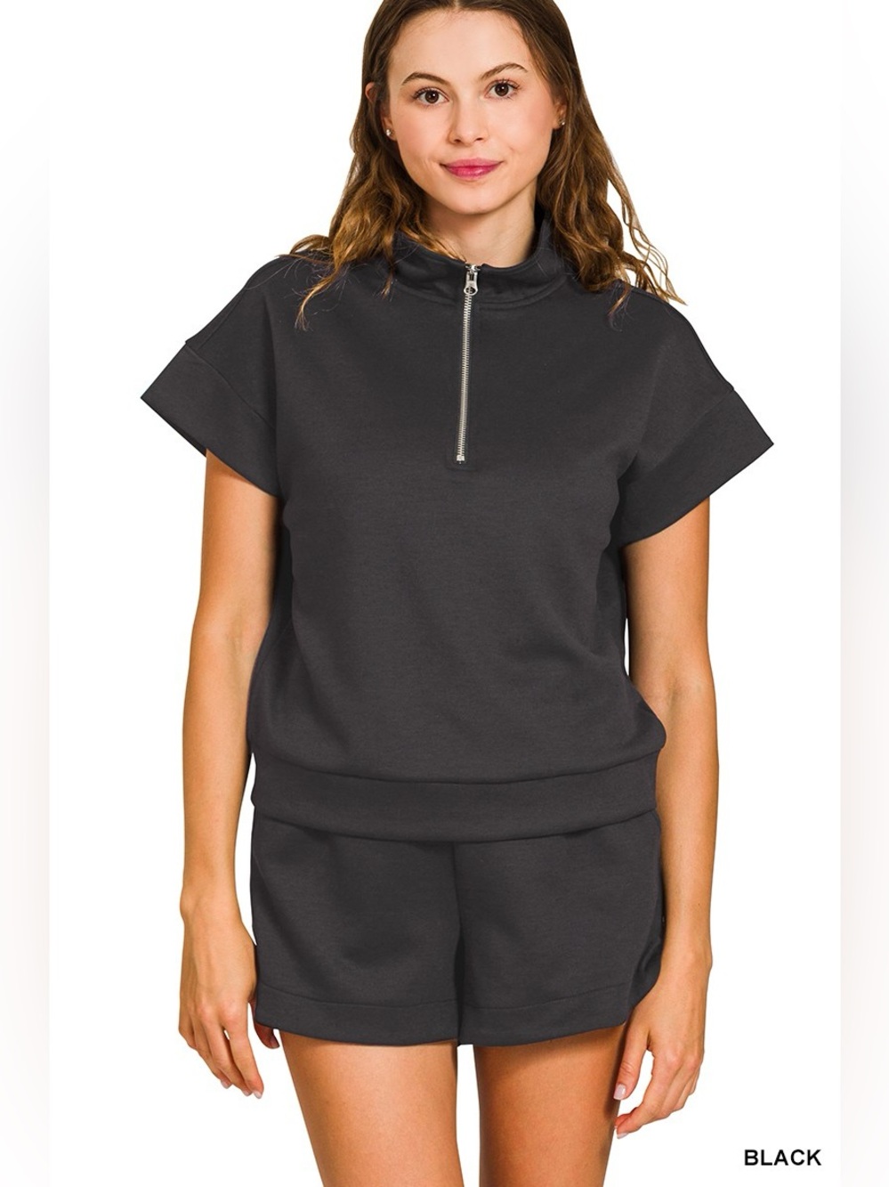 Zenana Scuba High Neck Half Zip Top and Dolphin Shorts Set